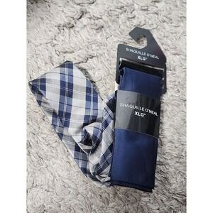 SHAQUILLE O'NEAL Neck Tie & Pocket Square Blue Gray Plaid X Long MSRP: $50 NEW